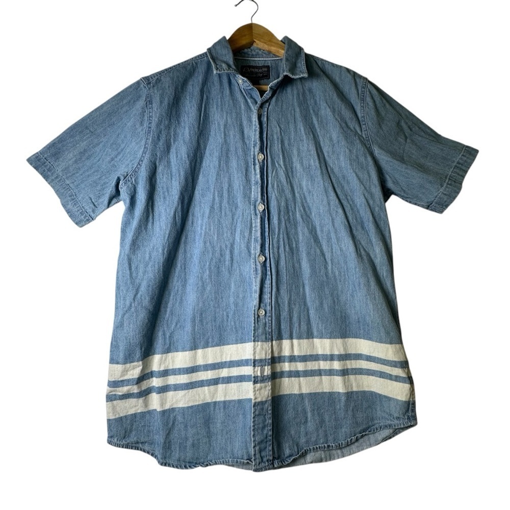 American Rag Classic Blue Denim Button Down Shirt with Stripes in Size M